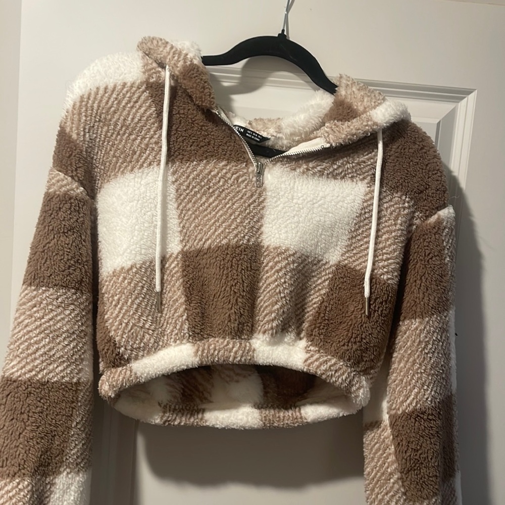 Fuzzy Plaid Crop Top Hoodie